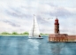 Preview: Postkarte DIN-A6  Aquarell Kunst Druck Kunstdruck Bremerhaven Leuchtturm Nordmole Mole - BHV3